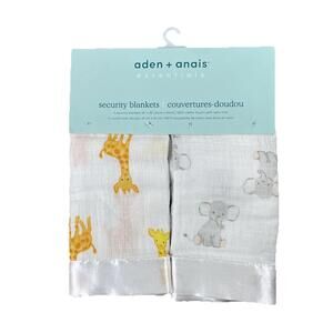 Aden Anais Set of 2 Security Blankets Satin Trim Elephant Giraffe Muslin Cotton